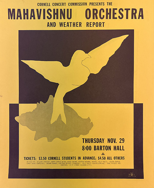 1973-11-29 Mahavishnu and Weather Report concert poster found in Cornell's rare and manuscript collection, Kroch Library at Cornell